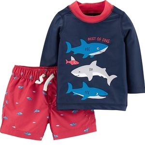 Carter's Rashguard Swim Trunks Baby Boys 3 months 50+ UPH Blue Red Sharks